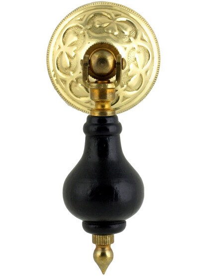 3 inch Ebonized Wood Tear Drop Pull With Eastlake Rosette In Unlacquered Brass Finish